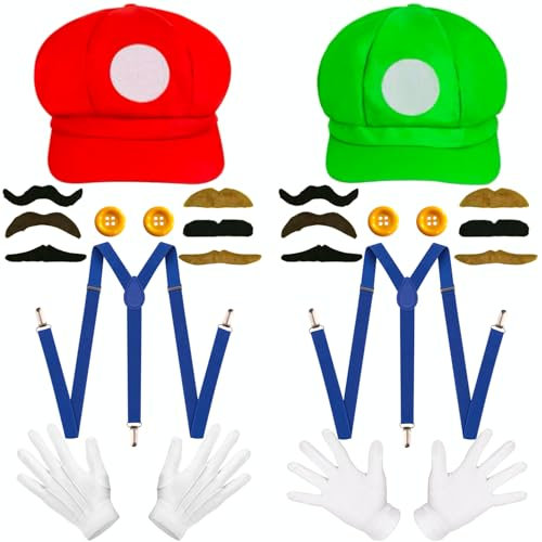 iDattel Mario & Luigi Kostüm-Set für Erwachsene: Unisex Kostüm mit Mario & Luigi Mützen, Handschuhen, Schnurrbart & Knöpfen für Cosplay, Karneval, Fasching & Themenpartys