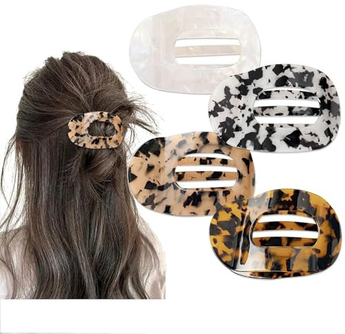 Yeomju Lot de 4 pinces à cheveux plates en acétate - Pour femme - Écaille de tortue léopard - Pour cheveux épais et fins - Clips plats confortables et incurvés, multicolore, L
