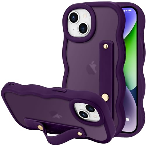 LLZ.COQUE for iPhone 14/iPhone 13 Case, Curly Wave Frame with Adjustable Hand Strap Stand Phone Case, Translucent Matte Back Anti-scratch Shockproof Bumper Cover for iPhone 14/13, Dark Purple