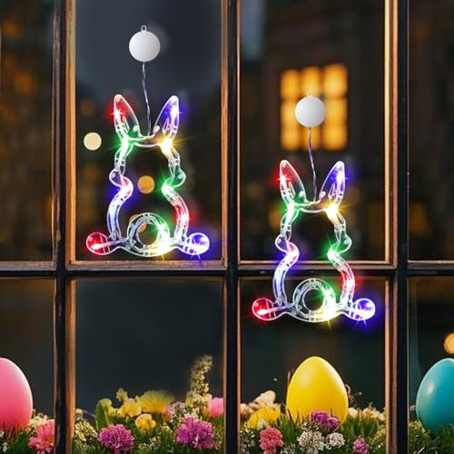 Osterdeko LED Fenster Licht, 2er Ostern Deko LED Lichterkette Hase Fenster Beleuchtet mit Batteriebetriebene,Ostern Fensterdeko mit Saugnäpfe,Osterhase zum Aufhängen Lichterkette für Innen Draußen (A)