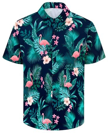 XiaoMoSha Mens Hawaiian Shirts Short Sleeve Wrinkle Free Button Down Summer Casual Shirt for Men Tropical Holiday Beach Funky Party Tops, GreenFlamingo, XL