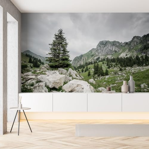 Gaqinhh Paysage Jungle Montagne Papier Peint Panoramique 400 x 280 cm (L x H) Montagnes Rocheuses Salon Canapé Chambre Fond Décoration Murale Vert Papier Peint Panoramique 3D
