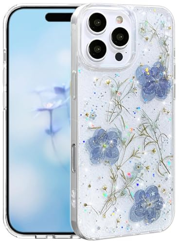 Efitoo for iPhone 16 Pro Max Case Clear Glitter with Flowers Design Real Dried Pressed Flower/Floral Sparkle Cute Soft Slim Aesthetic Shockproof Protective Girly Women Girls Phone Cover (Blue)