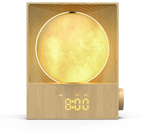 Epochleno Sonnenaufgang Wecker mit 360° drehbarem Mondlicht & 10 Einschlafgeräuschen, Doppelalarm & Snooze für Schweren Schläfer, Timer, Holzoptik