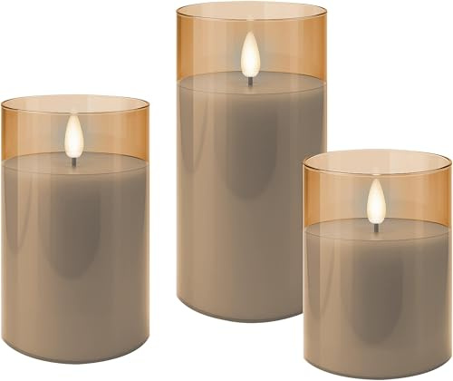 LED Kerzen 3er-Set, Echtwachs, Timer, 3D-Docht, warmweiß, Gold-Transparent