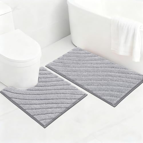 SHACOS Badezimmerteppich Set 2 Teilig Badteppich rutschfest Badematte Weiche Badezimmer Teppiche Wasserabsorbierend Duschmatte Waschbar Badvorleger Set, Hellgrau, 45x65+50x60cm