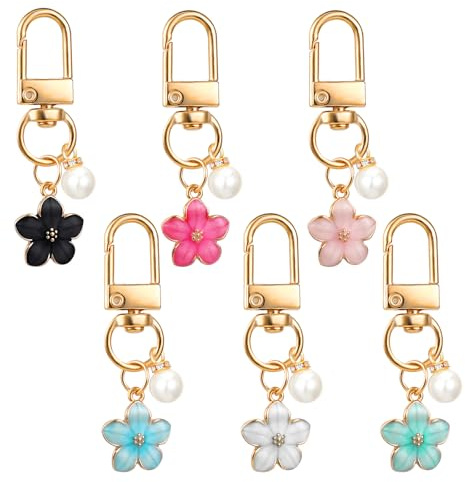 FdcLixuvol Blume Schlüsselanhänger, 6 Stück Niedlich Taschenanhänger mit Perle Mini Schlüsselanhänger Damen Mädchen Bag Charms Keychain Aesthetic Cute Taschen Anhänger für Frauen Geschenke