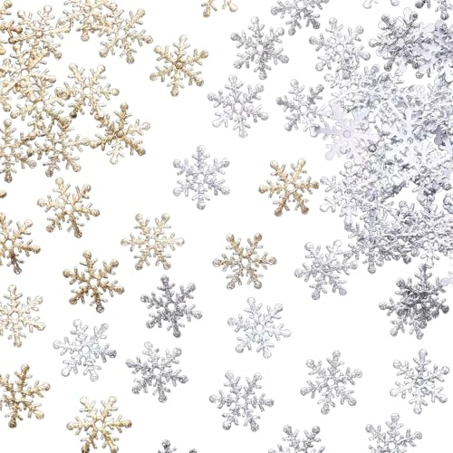 600 Stück Schneeflocken Konfetti, Weiß Gold Schneeflocke Konfetti, Klein Glitzer Weihnachtsdeko Tischdeko Weihnachten, Christmas Geburtstagsdeko Tischdeko Streudeko Silvester für Weihnachts Party
