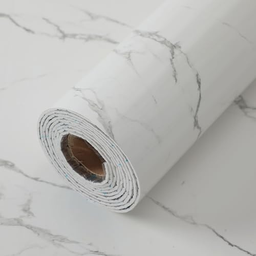 Anttyscar 3Roll White Marble Tile Stickers Thicken Self Adhesive Wall Tiles, Peel and Stick, Stick on Wall Tiles for Bathroom, Kitchen Splashback, and Living Room, Waterproof Backsplash, 300x40cm