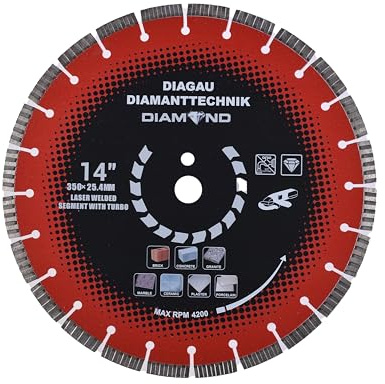 Diagau Diamanttechnik Diamanttrennscheibe 115-350mm 10-12mm Turbo-Segmente lasergeschweißt, für Beton Stein Granit, 22,23-25,4 mm Bohrung (DM350mm Segement 12mm L 25,4)