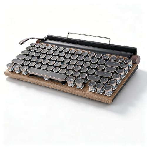 Sxhlseller Retro Typewriter Mechanical Keyboard, 83 Keys with Blue Switches and White Backlight, BT USB C 14 Backlit Mode Gaming Keyboard, Hot Swappable and Phone Stand (Wood Color)