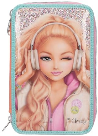 Depesche 14100 TOPModel Music - Gefüllte 3 Fach-Federtasche in Pink, Apricot und Türkis, mit Model Motiv und Glitzer, Federmappe mit Buntstiften, Schere, Lineal UVM.