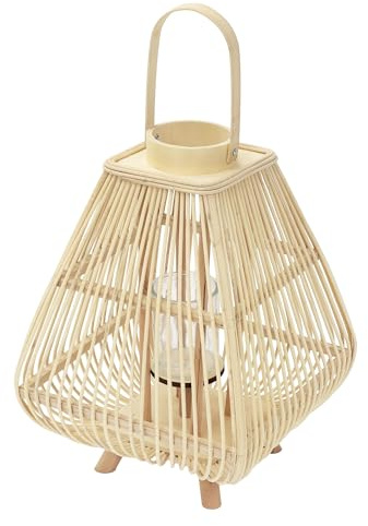ECD Germany Bambus Laterne, Windlicht 55,5 cm, Holzfarbe, Gartenlaterne mit Henkel & Glaseinsatz, Boho Bambuslaterne, Kerzenhalter Flechtoptik, Innen/Außen, Deko Laterne für Terrasse Balkon Wohnzimmer