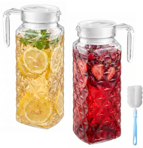 2 Pack 1L Acrylic Pitcher - Water Jug with Lid, Water Jug for Fridge Transparent Juice Pitche, BPA-Free & Shatter-Proof Beverage Pitcher Plastic Juice Container for Hot/Cold Ice Tea Coffee Milk