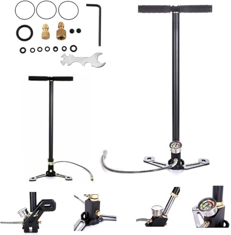 High Pressure 3 Stage Stirrup Pump Hand Pump, 4500PSI Bike Pump with Pressure Gauge, Portable Air Gun Rifle Filling Pump with Filter Gauge Valve Hose for PCP Cylinder Airgun, Scuba Tank, Cars, Bicycle