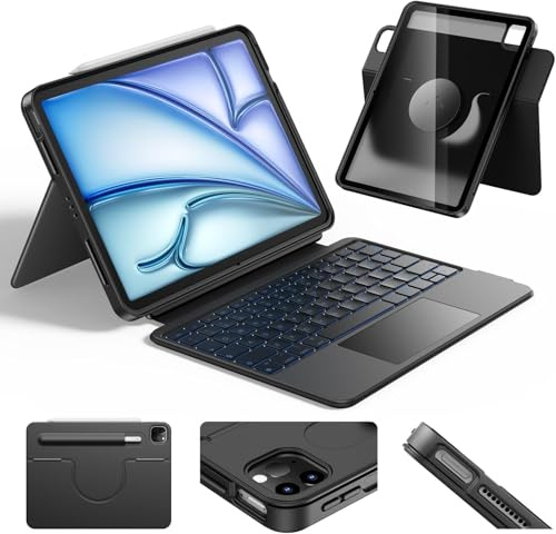 Custodia con tastiera QWERTY e touchpad per iPad Air 13 M3 2025 e iPad Pro 13 M4 2024/12.9, supporto girevole a 360°, tastiera retroilluminata