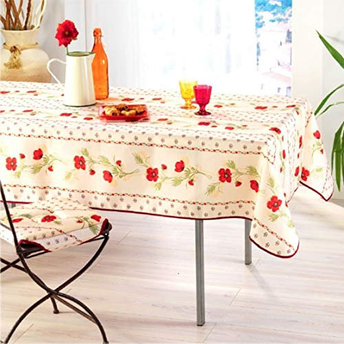 Rechteckige schmutzabweisende Tischdecke - Faltenbeständig und 100% Polyester - Ecru - 240x150 cm - Coquelicot v2-6/8 Besteck - Innen oder Außen - Esstisch, Küche oder Garten