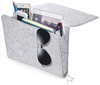 JINGDL Bedside Caddy, Bedside Organizer with 1 Large and 2 Small Pockets for Remote Control Tablet Phone Bedside Gadget Book Magazine Storage Holder (Light Grey)