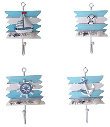Amosfun 4 mediterrane Haken zum Aufhängen an der Wand, nautische Haken aus Holz für Schlüssel, Mantel, Hut, Handtuch