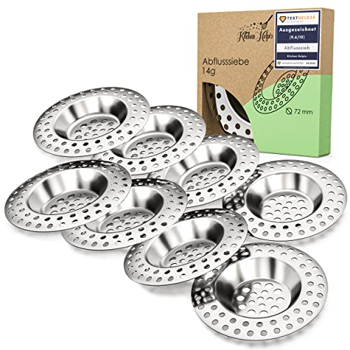 Kitchen Helpis ® Filtro de Fregadero de Acero Inoxidable - set de 8, 14 g Filtro de Drenaje – muy pesado, Colador de Drenaje, Filtro, Tapón de Fregadero, Colador de la trampa de pelo, Tamiz de desagüe