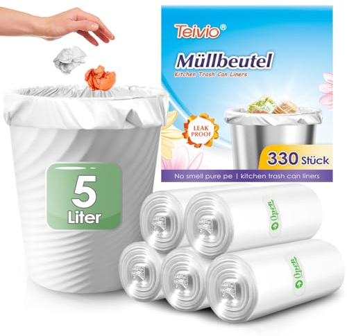 Teivio Kleine Müllbeutel 5L, 330 Stück, Dicke Transparente Kunststoffbeutel für Tretmülleimer, Passend für 3–5L Mülleimer, Ideal für Badezimmer, Küche, Büro