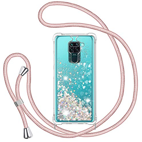 TUUT Funda para Xiaomi Redmi Note 9 con Cuerda, Carcasa Brillante Transparente Silicona Protección Case con Ajustable Colgante Correa de Cuello Arena movediza Caso con Cadena Cordón, Oro Rosa