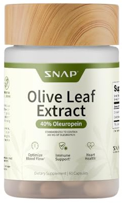 Snap Supplements Olive Leaf Extract Capsules - Super Strength 40% Oleuropein for Blood Flow Support, Improve Digestion, Antioxidant Boost Supplement, Improve Brain Function (60 Capsules)