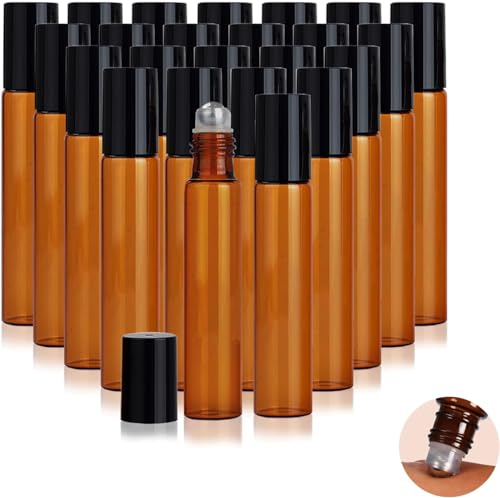 24PCS 10ML Flacons Roll-on en Verre Ambré Flacon Roller Rechargeable, Pot Porte-Récipient Pot avec Bouchons Roll-On Noirs et Billes Roller en Acier Inoxydable, pour Parfums aux Huiles Essentielles