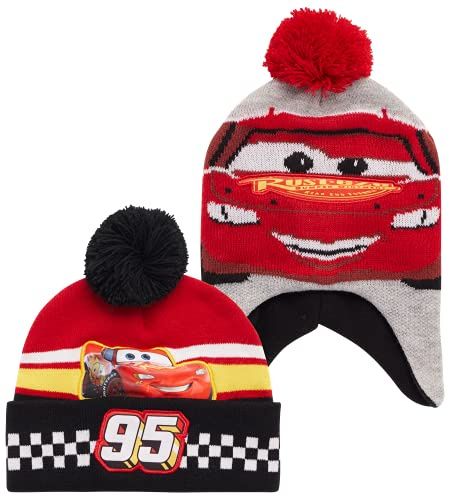 Disney Boys' Winter Hat - 2 Pack Lightning McQueen Pom Pom Beanie or Mickey Mouse Hat, Size Age 4-7, Lightning McQueen