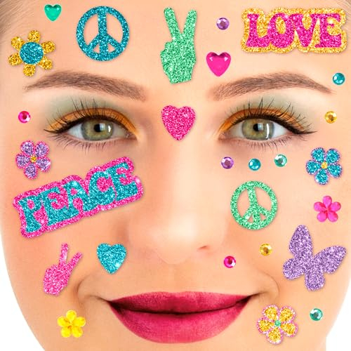 Party Factory Face Tattoo Flower Power, temporäres Glitter Gesichtstattoo für Motto Party, Halloween & Karneval, Kinder & Erwachsene