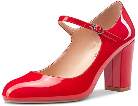 Saekcted Scarpe con Tacco Grosso Donne Mary Jane High Heels Punta Tonda Pumps Sposa 8CM Heel Rosso Verniciata 41 EU