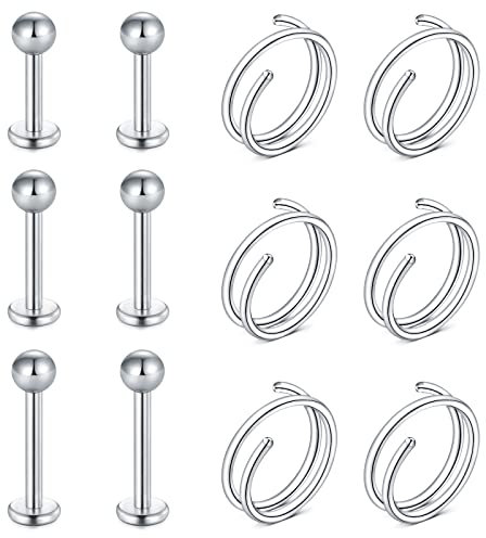 Longita 20G Tragus Piercing Chirurgenstahl Lobe Ohrringe Helix Knorpel Ohrpiercing Nase Lippe Piercing Helix Ohrringe Conch Piercing Helix Stud Piercing für Damen 12Stk Silber