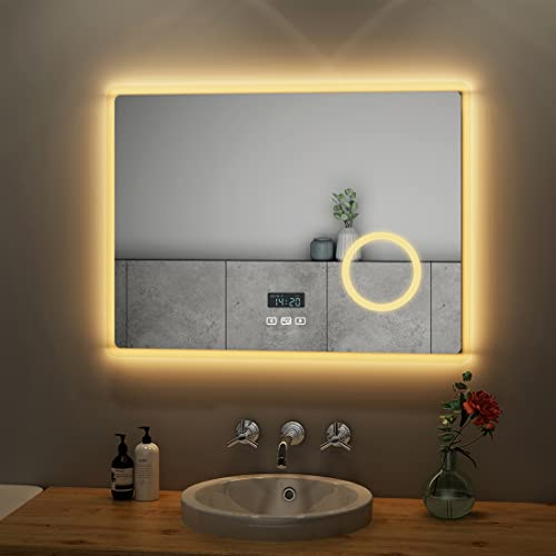 S'AFIELINA Badspiegel mit Beleuchtung 80x60cm Wandspiegel LED Badspiegel mit Touchschalter + Beschlagfrei + Uhr + Bluetooth + 3 Lichtfarbe Warmweiß Neutralweiß Kaltweiß Lichtspiegel