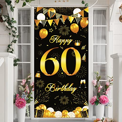 60. Geburtstag Dekoration Banner, Schwarz Gold 60 Geburtstag Deko Hintergrund für Mann, Extra Große Stoff 60 Jahr Geburtstag Tür Poster Banner für Frau Männer 60 Geburtstagsdeko, 72.8 × 35.4 Zoll