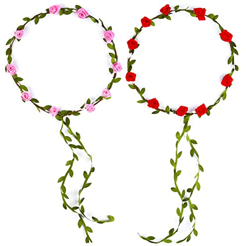 PLULON 2 Stück Blumenkrone Stirnband Frauen Girlande Stirnband Haar Blumenkranz Boho Kopfschmuck für Mädchen Hochzeit Festival Haarschmuck (Rot + Rosa)