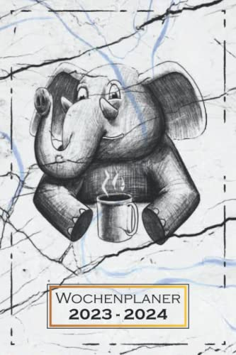 Wochenplaner 2023-2024: A5 (6x9) | 1 Woche auf 2 Seiten | Softcover | mit Monatsübersicht & Kontakttabelle | Terminkalender, Planer, Terminplaner, ... Tagesplaner | Elefant Tiere Kaffee | qd1