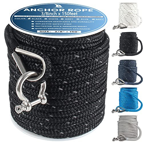 Premium Anchor Rope 150 ft x 3/8 inch, Double Braided Nylon Anchor Line Boat Rope Marine Rope, Boat Anchor Rope with Thimble & Shackle & Reflective Strip - Braided Anchor Rope Black