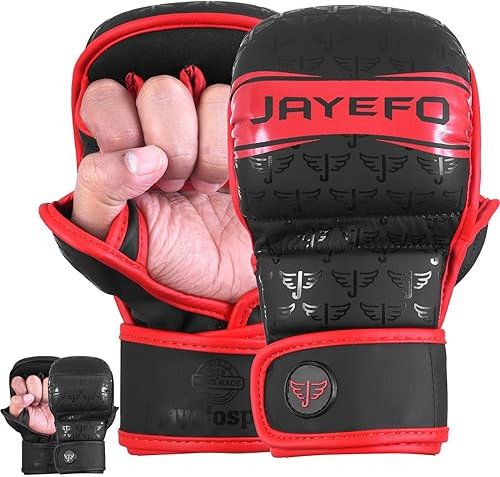 Jayefo MMA Gloves | Open Palm Sparring & Grappling Mitts | Martial Arts for Men & Women | Wrist Support | Combat Sports: MMA, Boxing, Muay Thai, Kickboxing (Red, L-XL)