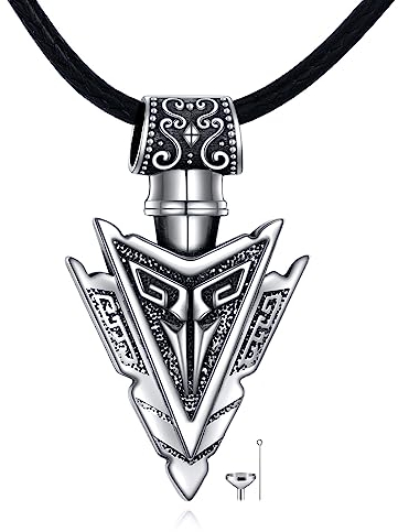 VONALA Arrowhead Urn Necklace for Men Sterling Silver Viking Arrow Urn Pendnat Necklace for Ashes Black Arrowhead Memorial Keepsake Lockets Cremation Jewelry for Ashes for Men Boy