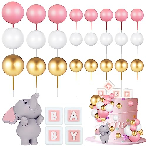 FRIUSATE 26 Stück Elefanten-Kuchendekoration, Mini-Kugeln, Kuchendekoration, Baby-Buchstaben, Cupcake-Topper, Rosa, Gold, Weiß, Schaumstoffballon, Perlenkugel für Babyparty, Jungen, Elefanten-Thema