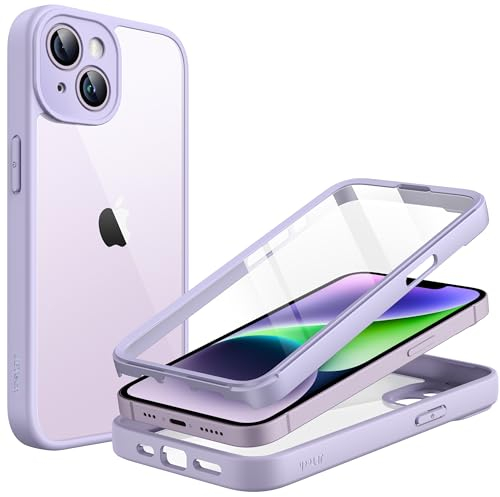 JETech Hülle für iPhone 14 6,1 Zoll mit Eingebautem Schutzfolie Anti-Kratzer, 360 Grad Displayschutz Ganzkörper Robuste Handyhülle Transparente Rückseite (Helles Lila)