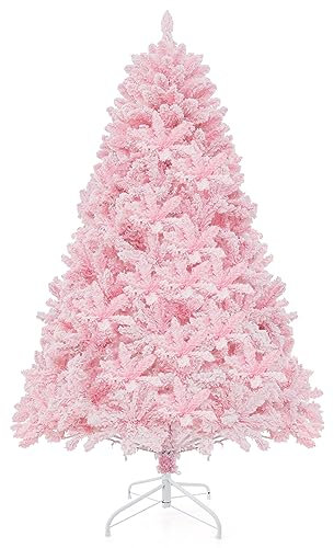 COSTWAY Sapin De Noël Artificiel Floqué de 185 cm, 808 Branches en PVC, 350 Lumières LED et 8 Modes d'Éclairage, Arbre d’Décoration Pré-Eclairé pour Maison, Bureau, Rose