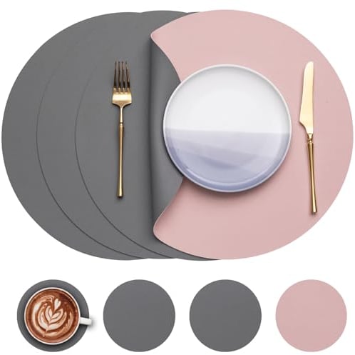 Myir JUN Tischsets 4er Set, Tischsets Abwaschbar Platzsets Rund Ø 38cm Platzdeckchen Rund Doppelseitigen rutschfest Platzsets Kunstleder Leder Tischset Lederoptik (Grau Rosa, 4er Set)