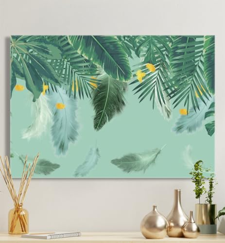 MyMaxxi - Premium Leinwandbild auf Keilrahmen Blätter und Federn Wandbild Design Wand Dekoration, Gemälde grün Leinwand - Blätter, Groesse_leinwand:80x120 cm