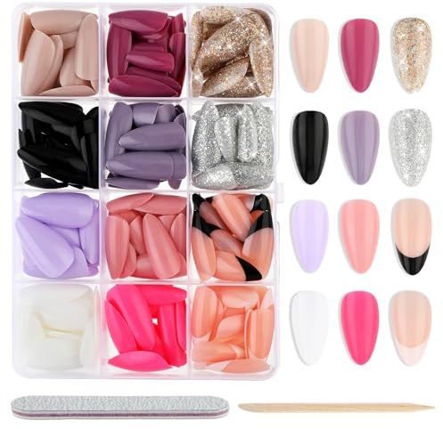Andibro Lot de 288 ongles artificiels à coller, en forme d'amande, longueur moyenne, ovales, couleur unie, couverture complète, acrylique, plastique, avec lime à ongles, pour carnaval, fête
