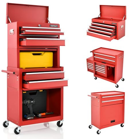 GYMAX Servante d’Atelier à Outils 3 en 1, avec 6 Tiroirs et 2 Grandes Couches, Chariot à Outils d'Atelier en Métal avec Serrure, Charge 90 KG, pour Garage/Atelier (Rouge)