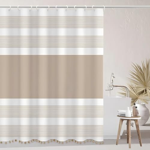 Flogriet Tenda da doccia a righe bianche e beige in stile bohémien, in tessuto kaki, moderna, 183 x 183 cm, in tessuto neutro, set di tende da doccia marrone e bianco