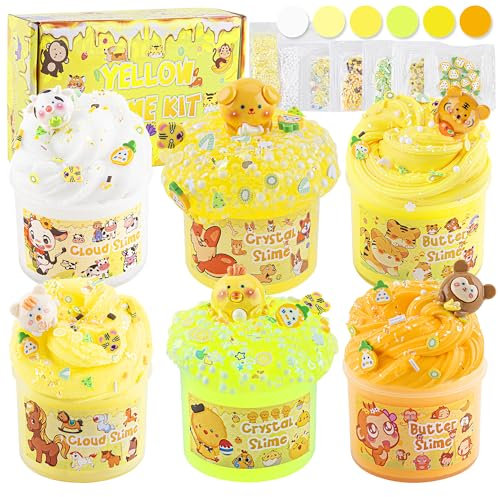 LAWOHO 6 Stück Farbverlauf Gelb Slime Set - Fluffy Cloud Wolkenschleim, Butter Schleim & Clear Slime, Kinder Crunchy Slime, Geburtstag Halloween Weihnachten Geschenk für Mädchen & Jungen (Wildtiere)