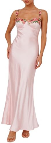 Sexy Satin-Spaghettiträger-Maxikleid mit Blumenstickerei, Herzausschnitt, rückenfrei, ärmellos, Schlitz-Midikleid