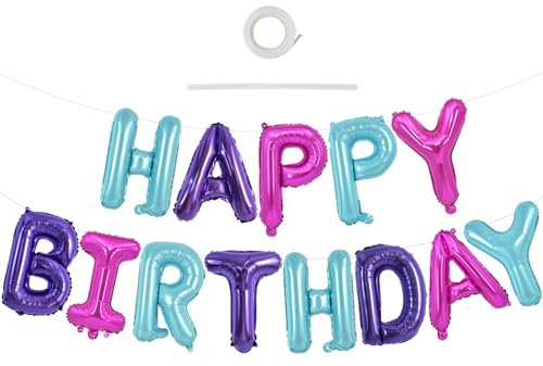 TONIFUL Happy Birthday Balloons Banner with Ribbon Straw,16 Inch Mylar Letters Birthday Sign Banner Balloon Bunting Reusable for Girls Kids & Adults Birthday Halloween Supplies(Blue Purple Pink)
